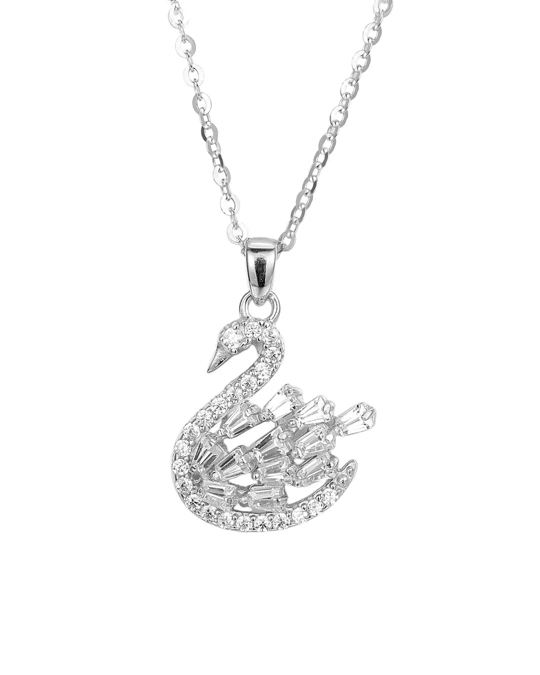 Silver swan pendant necklace on a white background