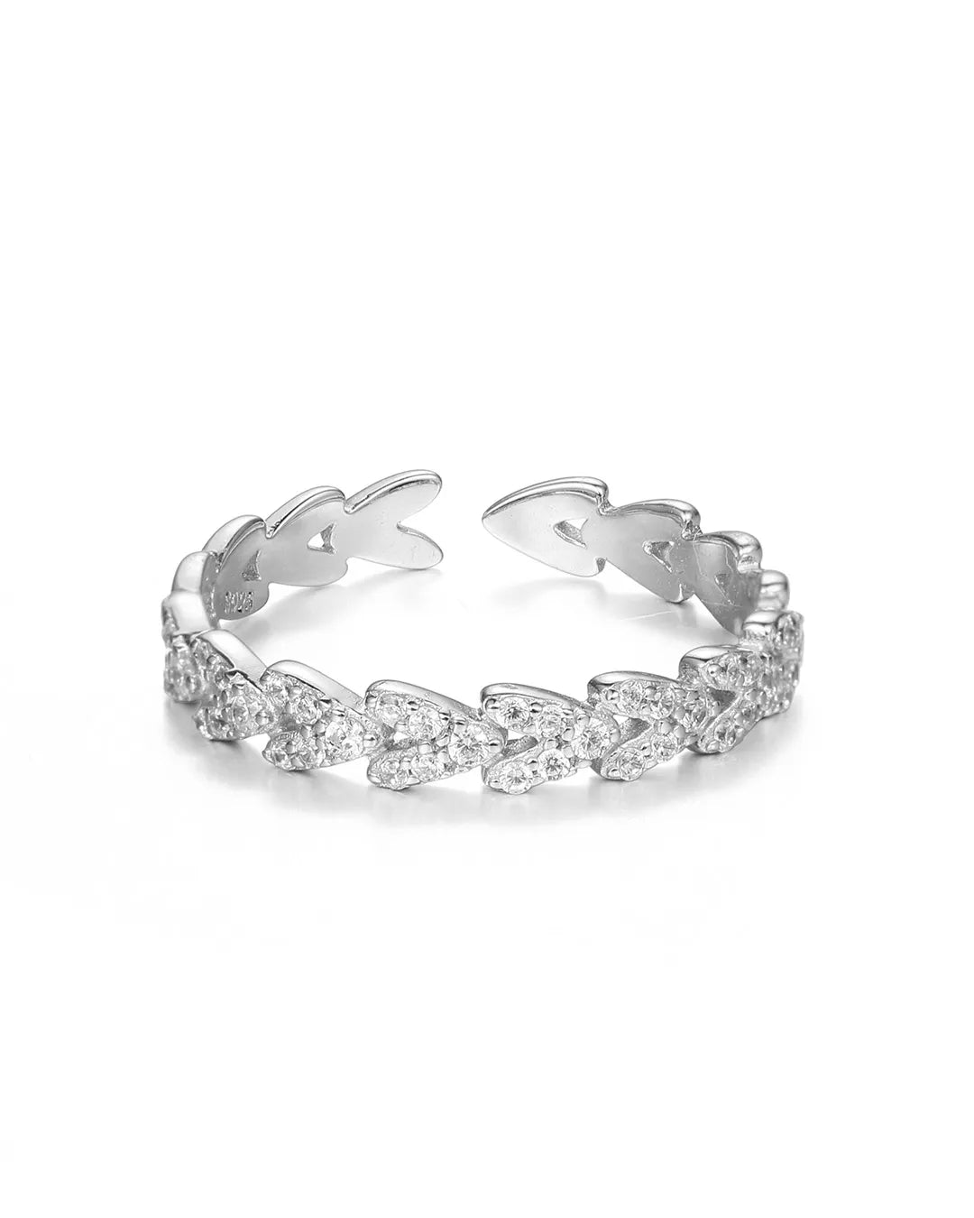 Silver ring with diamond accents on a white background
