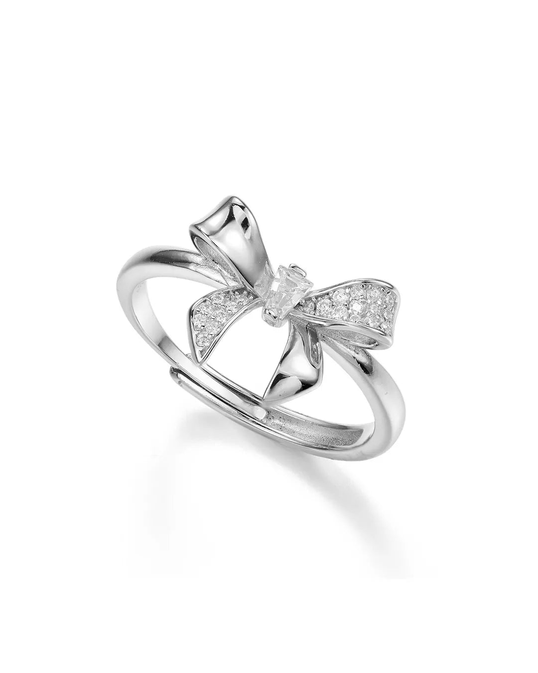 Silver bow-shaped ring with gemstones on a white background