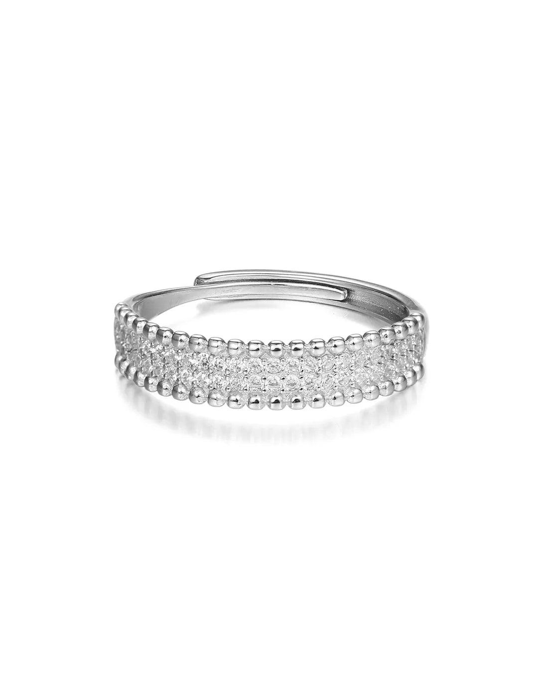 Silver ring with small stones on a white background