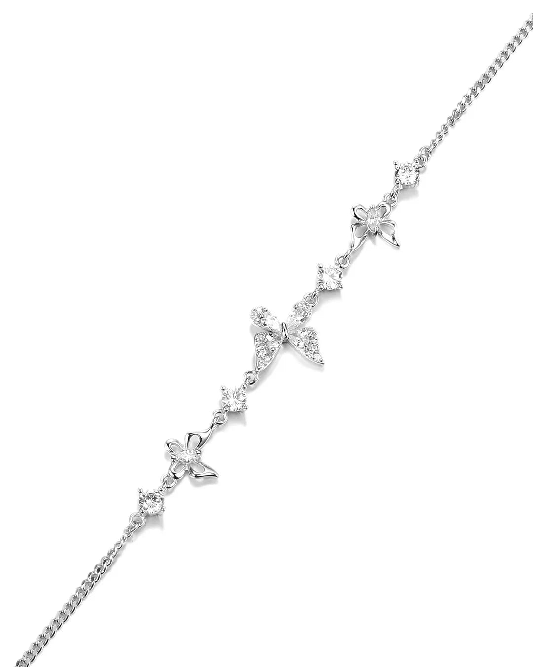 Silver necklace with star-shaped pendants on a white background