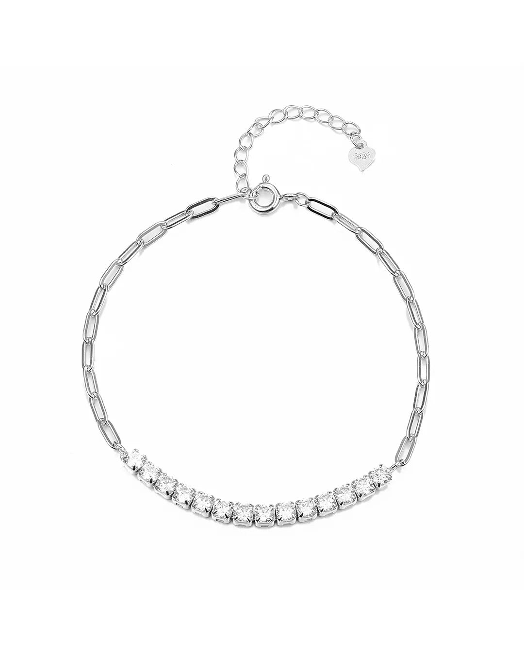 Silver bracelet with clear stones on a white background