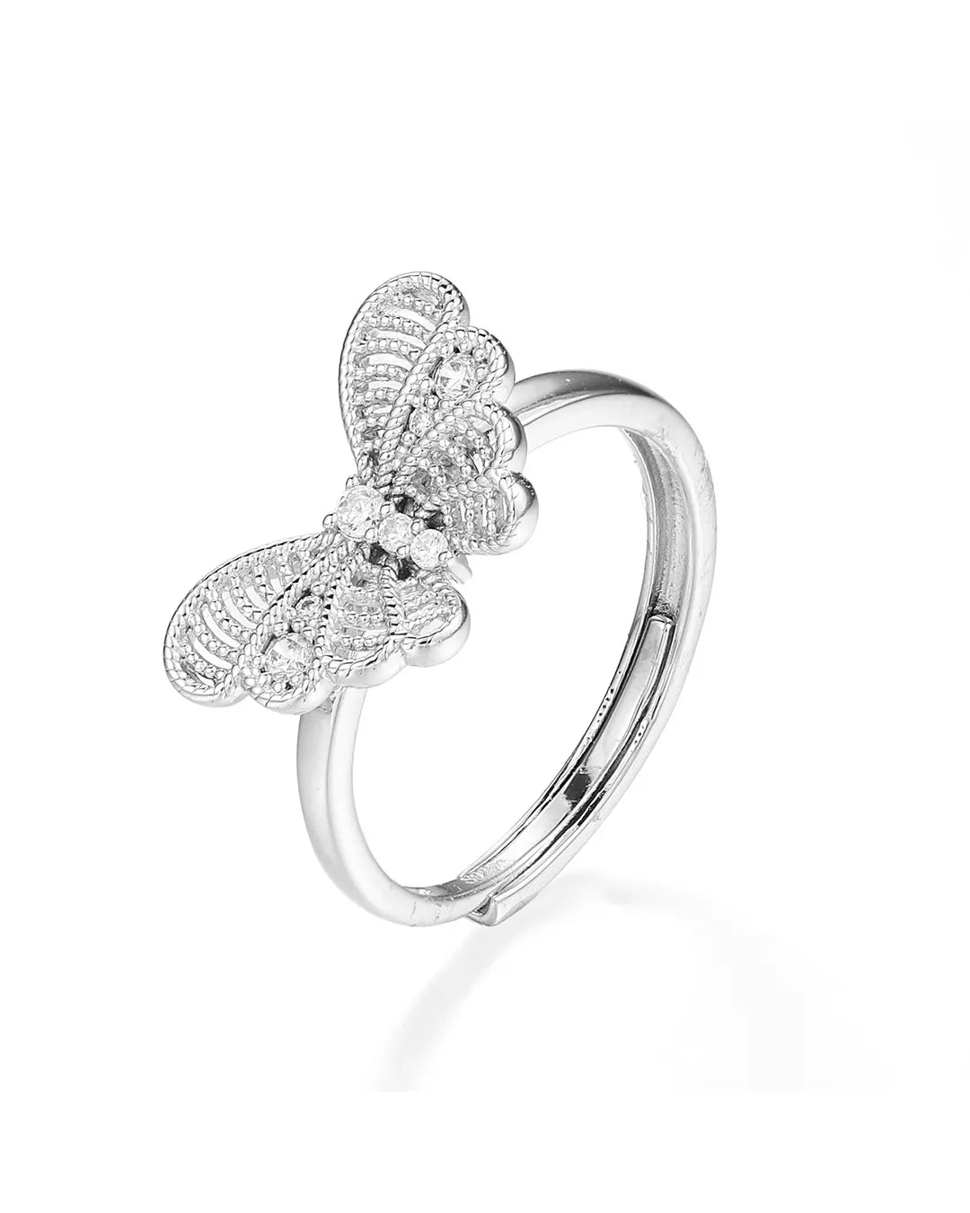 Silver butterfly ring on a white background