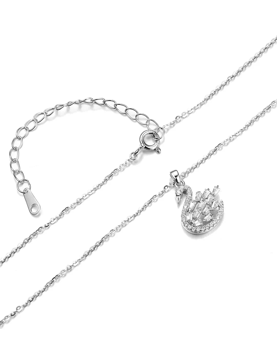 Silver necklace with a swan pendant on a white background