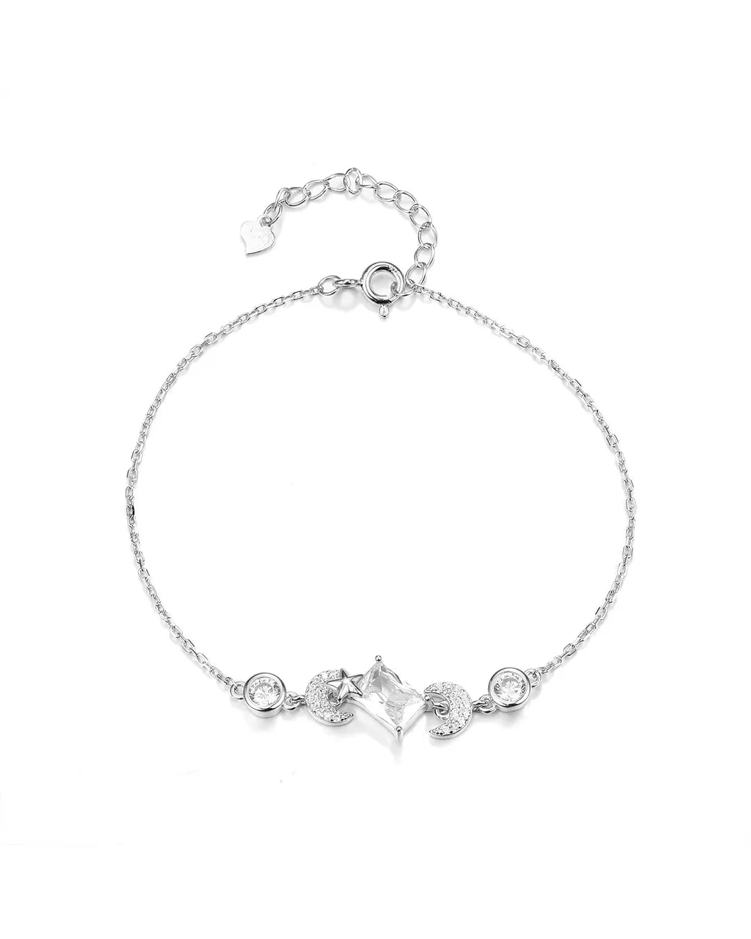 Silver bracelet with floral and circular charms on a white background
