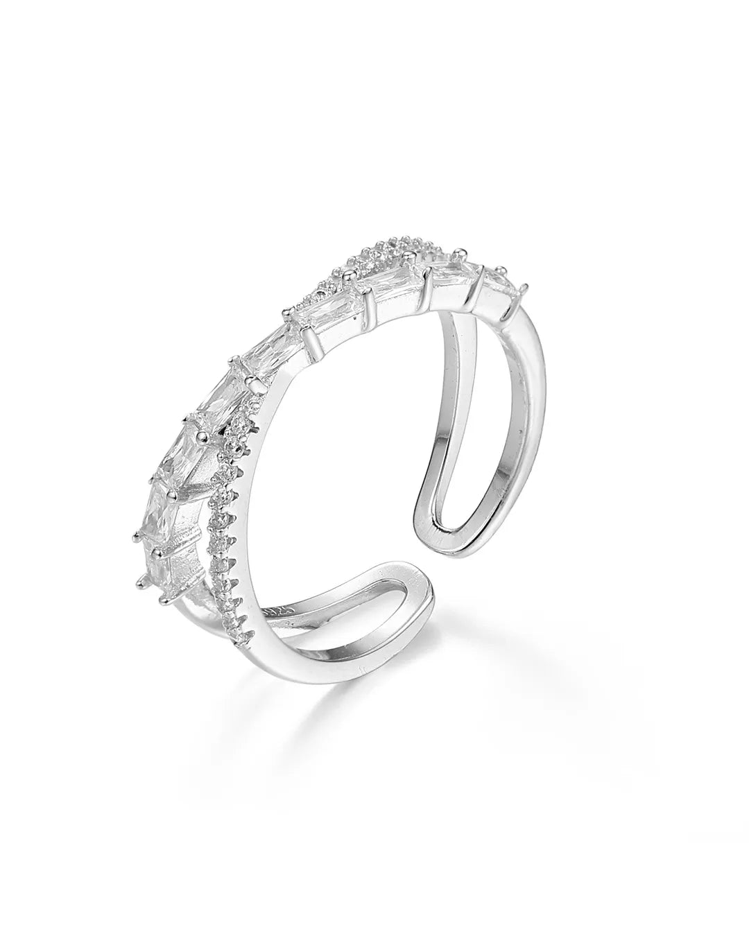 Silver ring with diamond accents on a white background