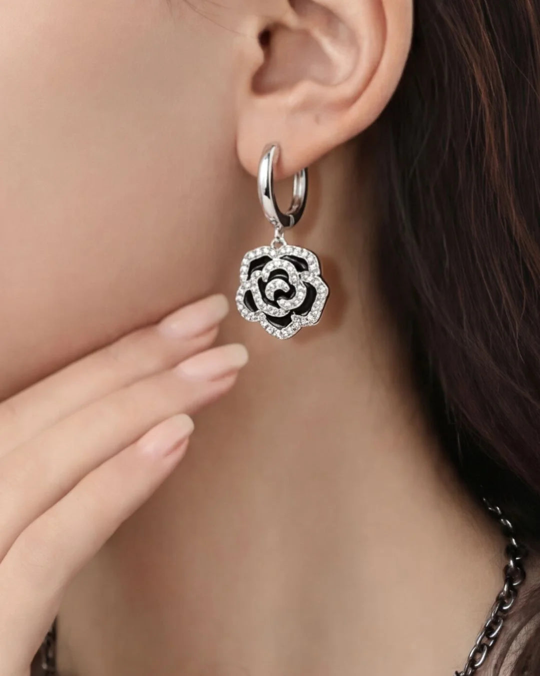 Silver Rose Drop Earrings