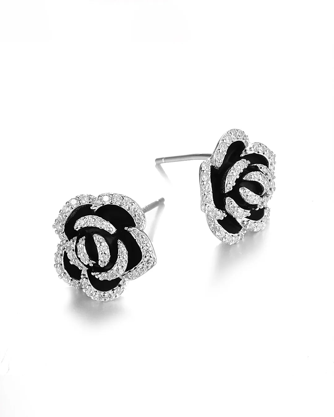 Handcrafted Black Stud Earrings Featuring a Detailed Rose Design