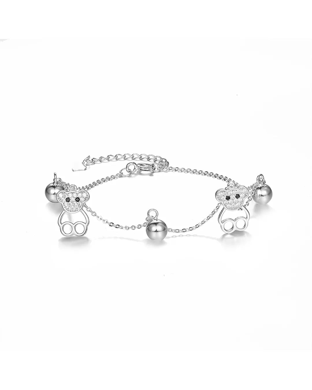 Silver bracelet with bear-shaped charms on a white background