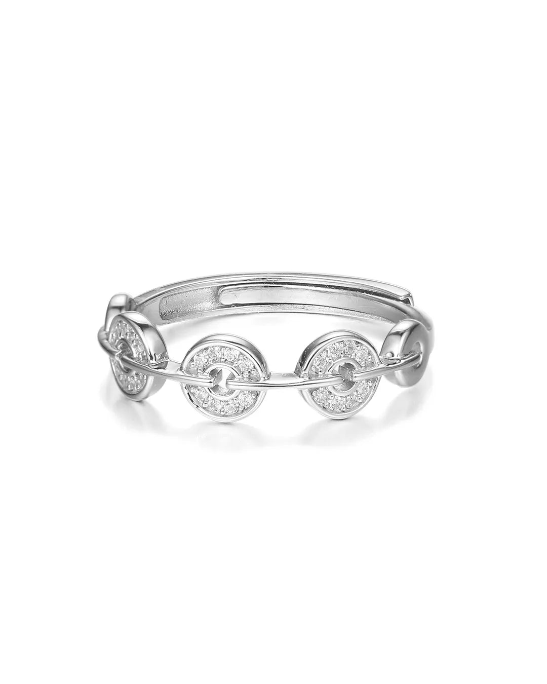 Silver bracelet with circular design on a white background