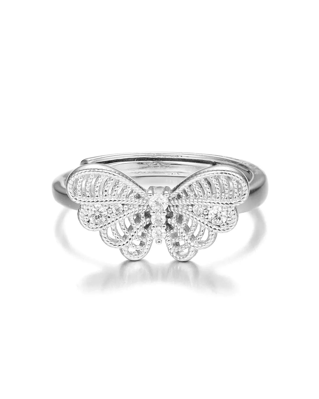 Silver butterfly ring on a white background