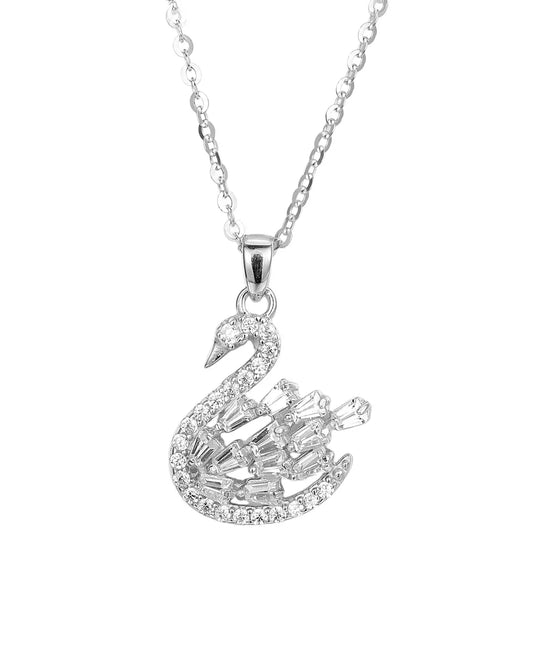 Silver swan pendant necklace on a white background