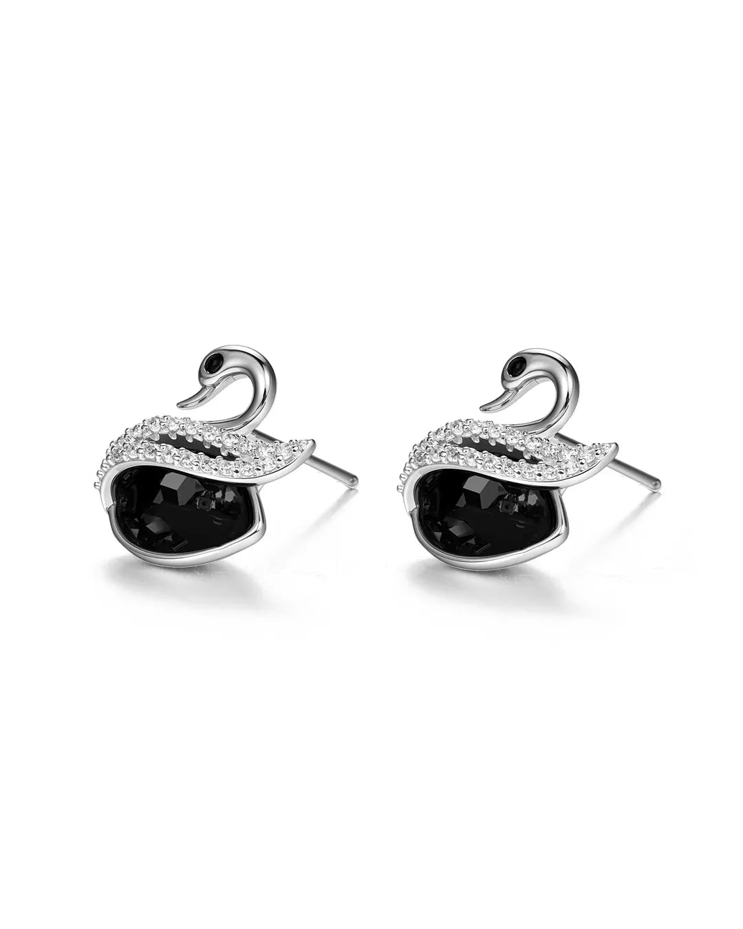 Pair of silver earrings with black gemstones on a white background