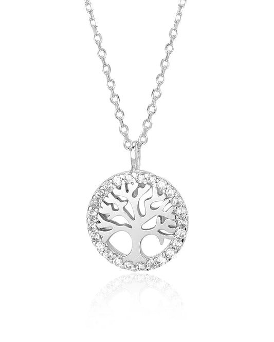 Silver necklace with a tree-of-life pendant on a white background