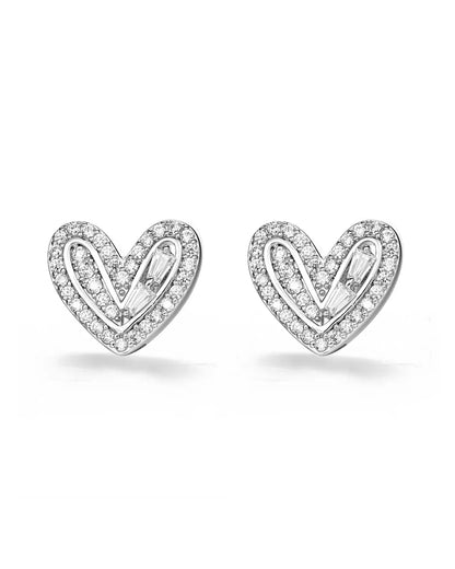 Heart-shaped silver earrings with clear stones on a white background