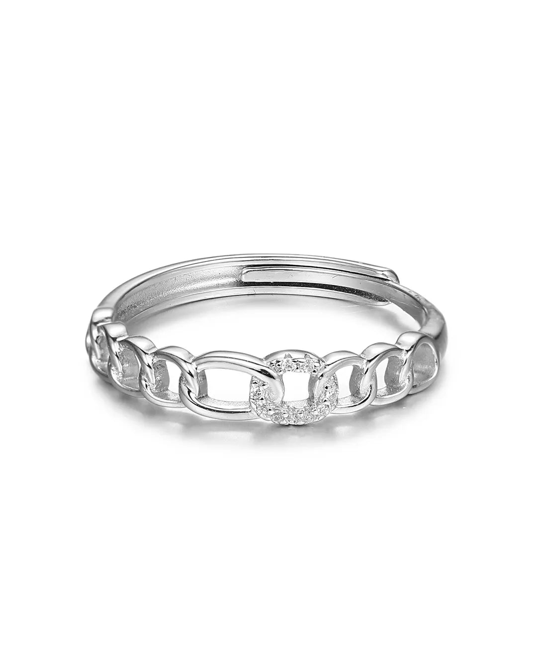 Silver chain-link ring on a white background