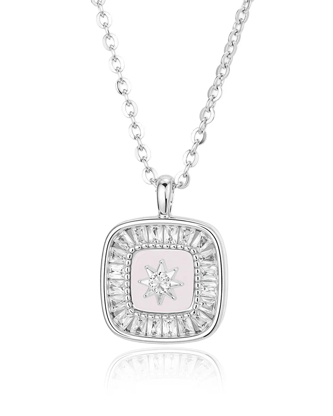 Silver necklace with a square pendant featuring a star design on a white background