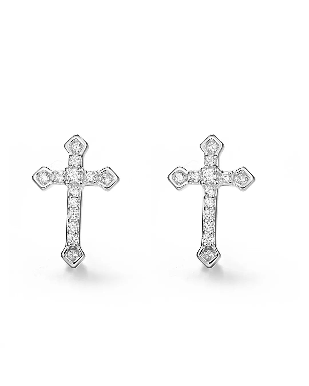 Pair of silver cross earrings with clear stones on a white background