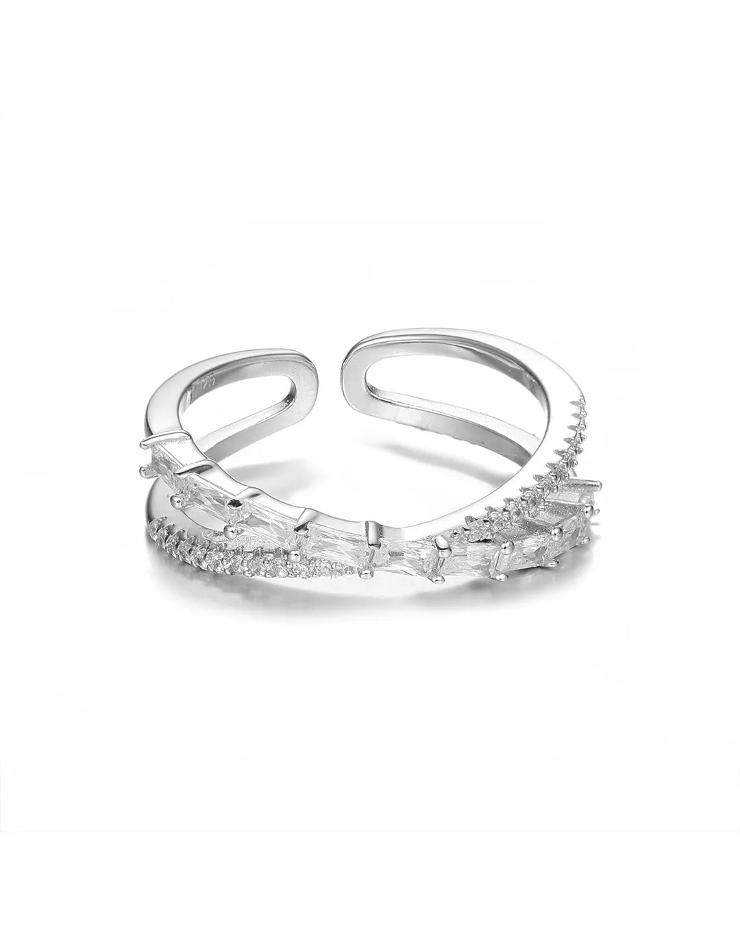 Silver ring with clear gemstones on a white background