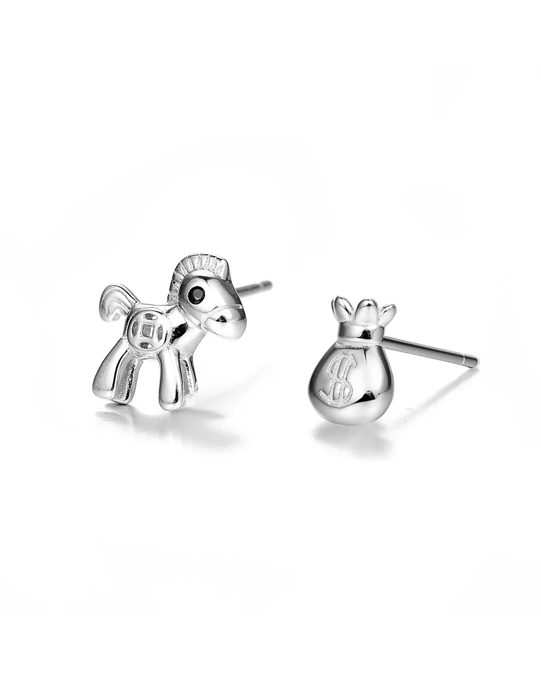 Silver unicorn-shaped earrings on a white background