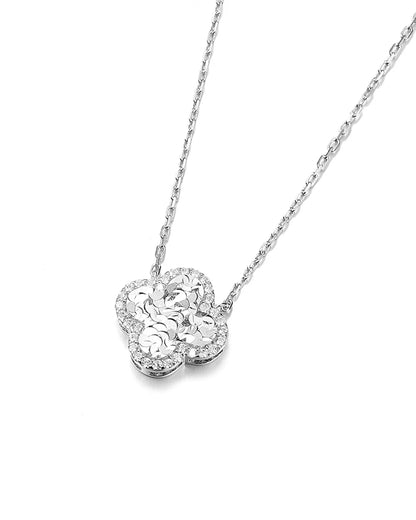 Silver necklace with a floral pendant on a white background