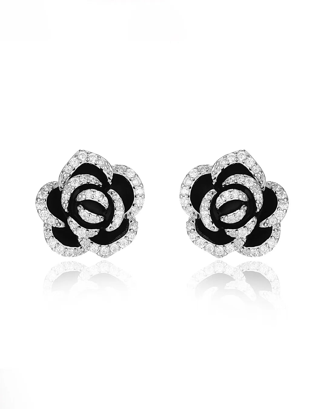 Handcrafted Black Stud Earrings Featuring a Detailed Rose Design