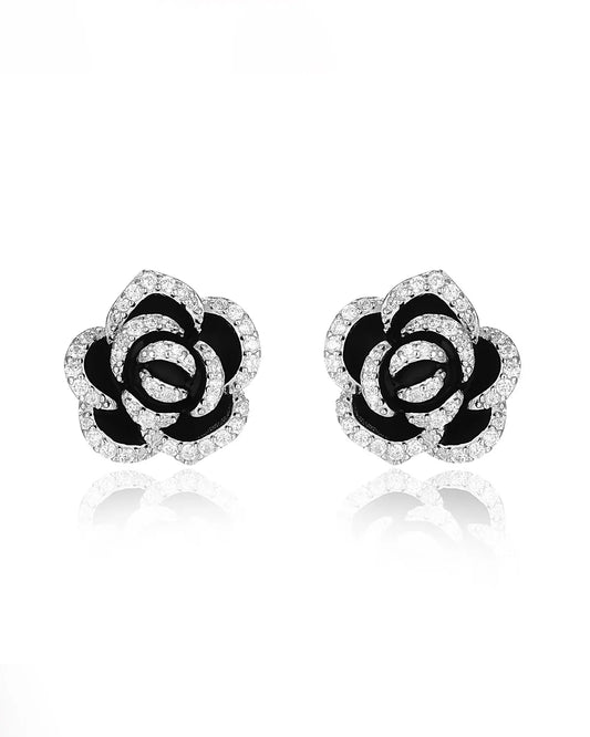 Handcrafted Black Stud Earrings Featuring a Detailed Rose Design
