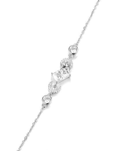 Silver necklace with diamond-like stones on a white background