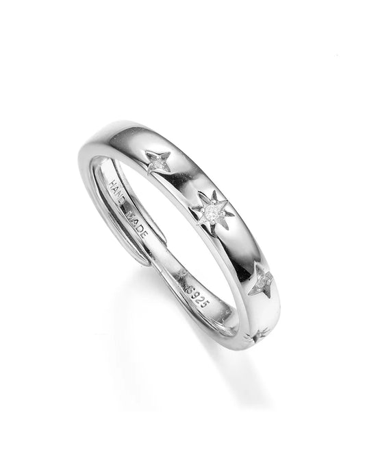 Silver ring with star designs on a white background
