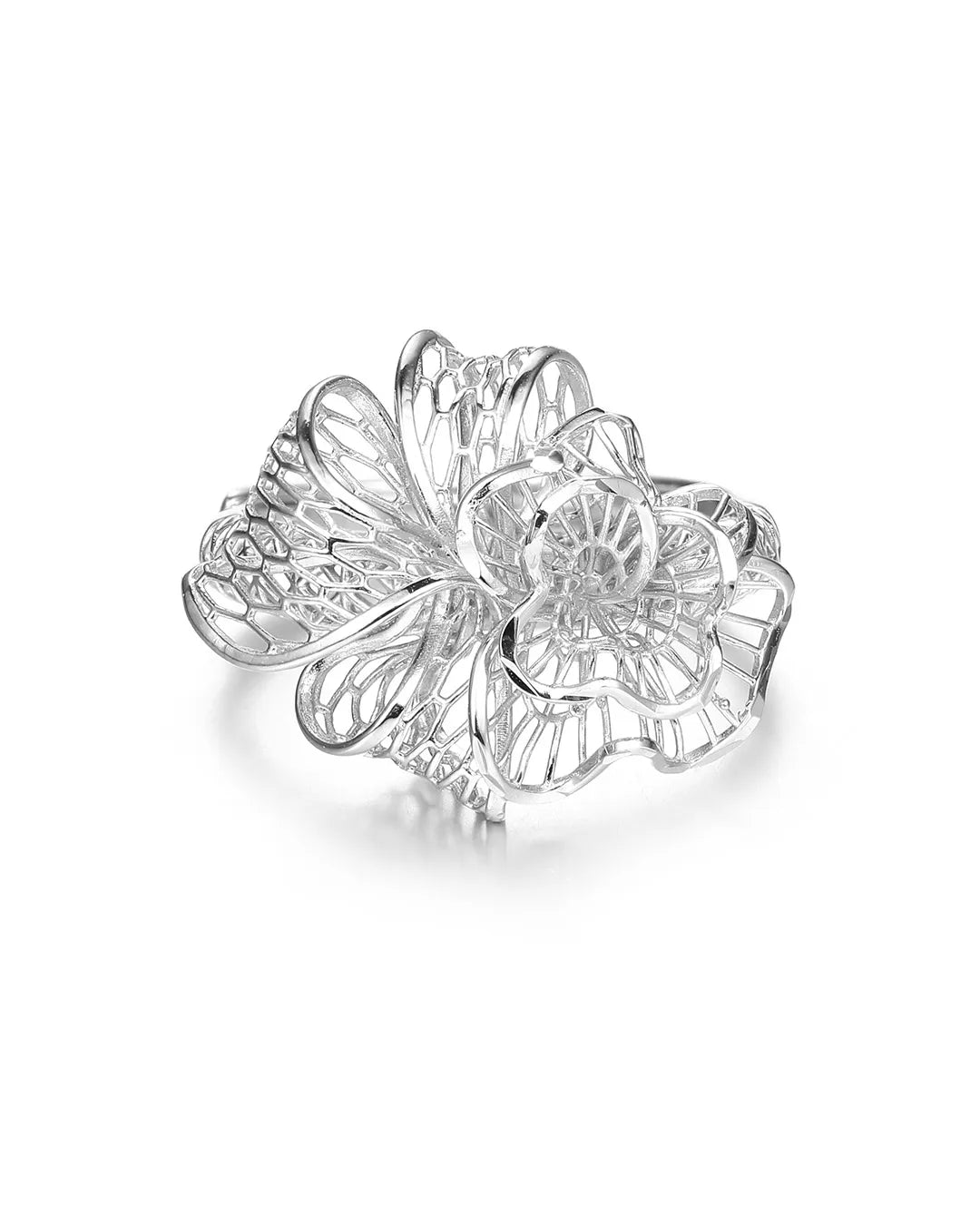 Silver floral earring on a white background