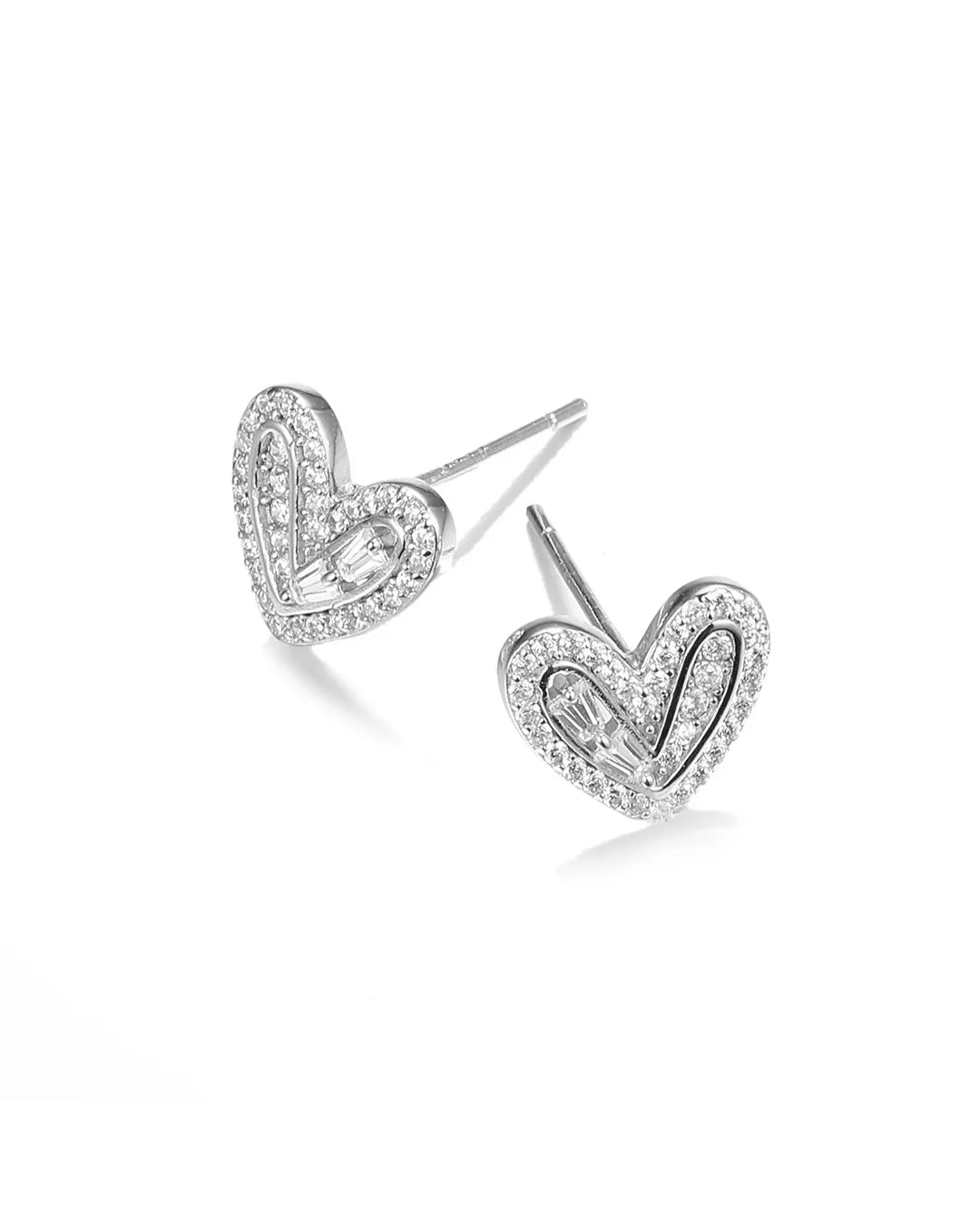 Heart-shaped earrings with clear stones on a white background