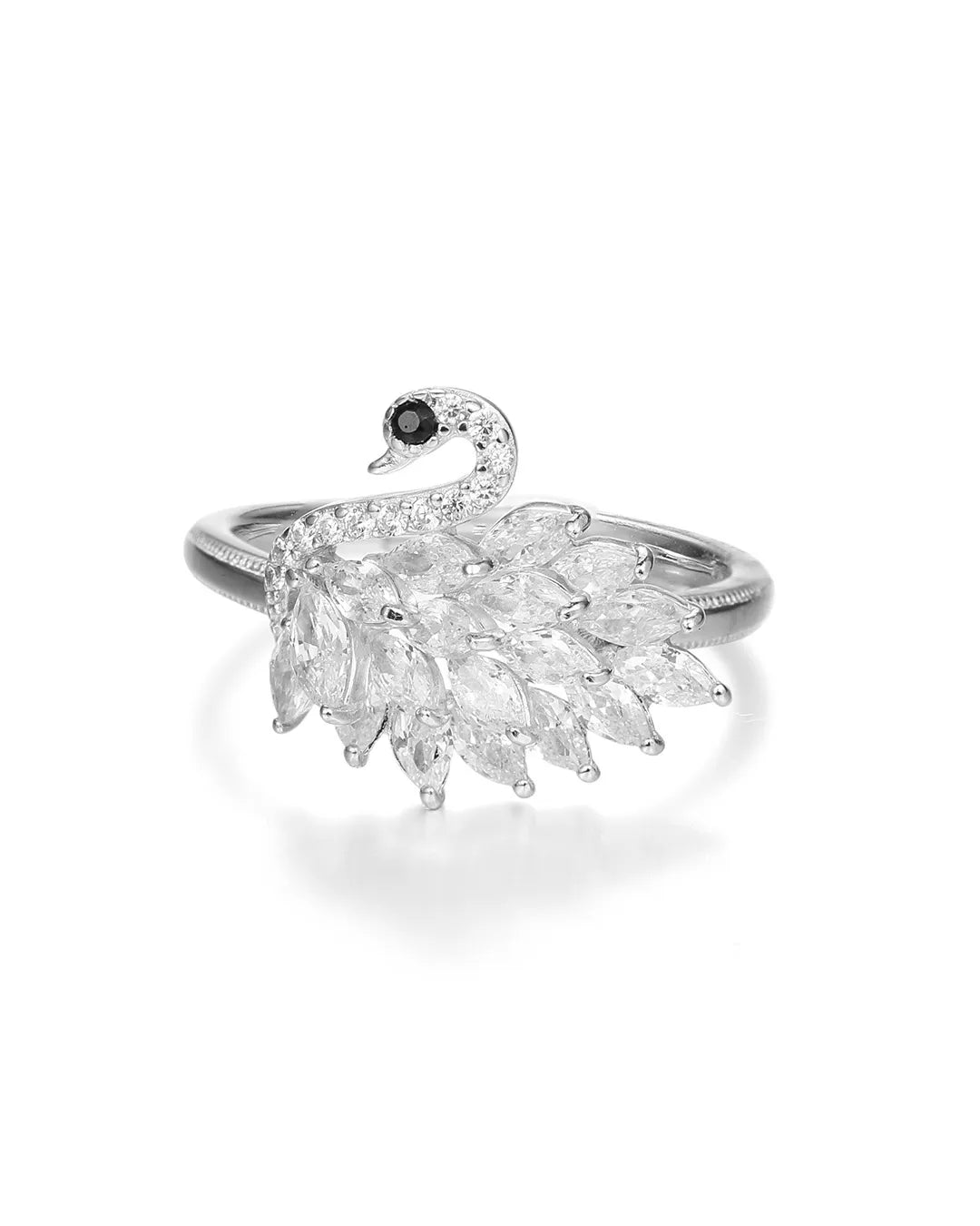 Silver swan ring with gemstones on a white background