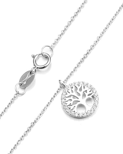 Silver necklace with a tree of life pendant on a white background