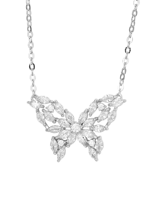 Butterfly-shaped diamond necklace on a white background