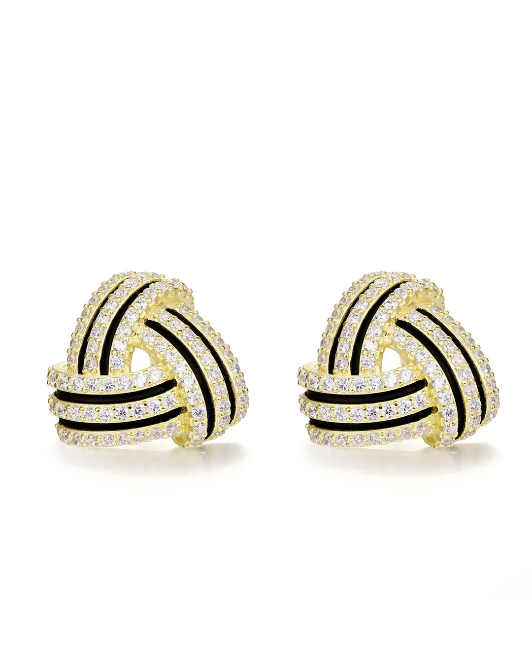 Pair of gold and black knot earrings on a white background