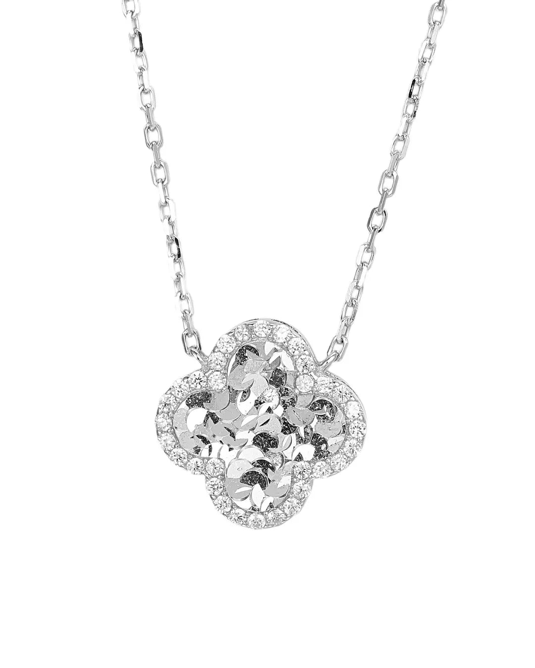 Silver necklace with a floral pendant on a white background