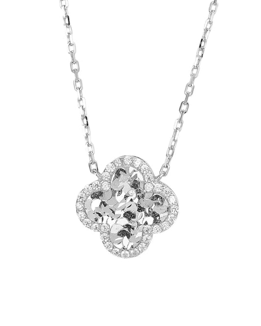 Silver necklace with a floral pendant on a white background