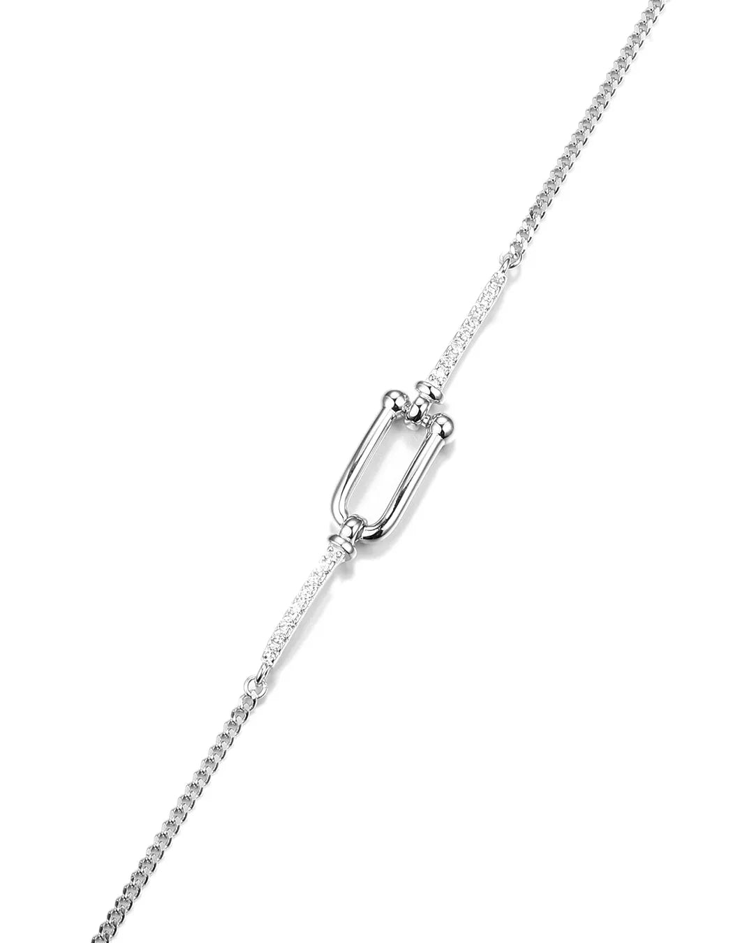 Silver necklace with a rectangular pendant on a white background