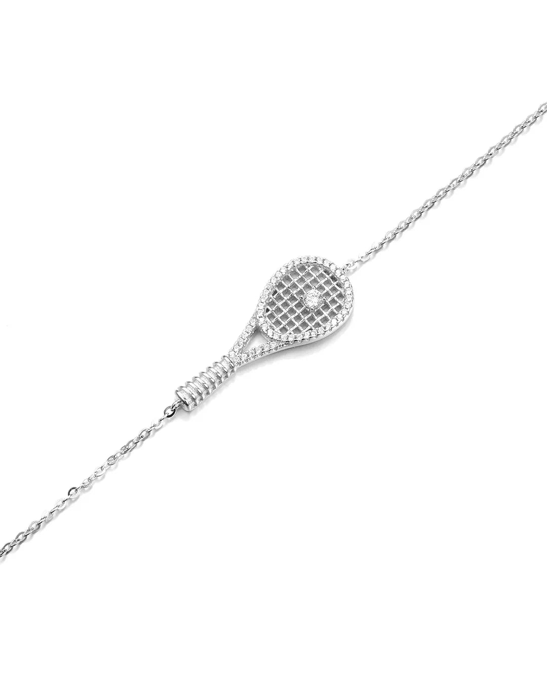 Silver tennis racket-shaped pendant on a chain against a white background