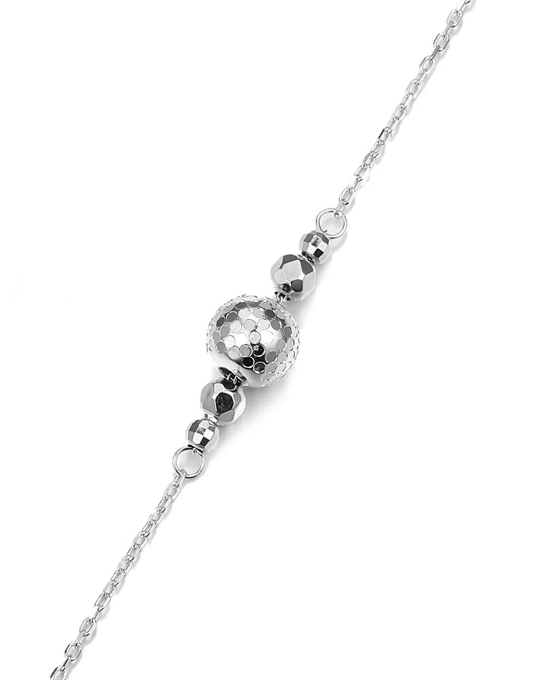Silver beaded necklace on a white background