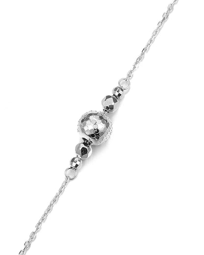 Silver beaded necklace on a white background
