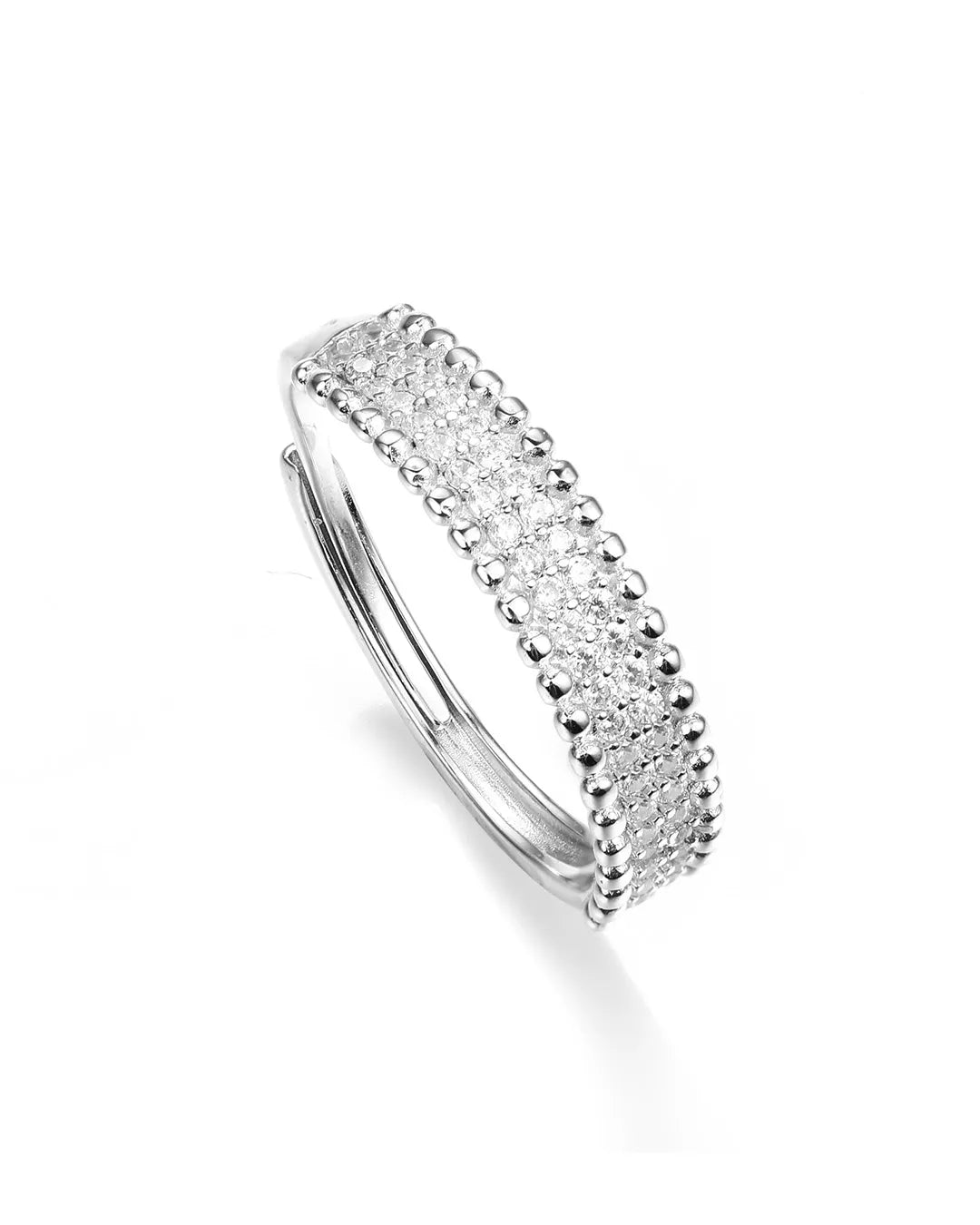 Silver ring with small diamonds on a white background