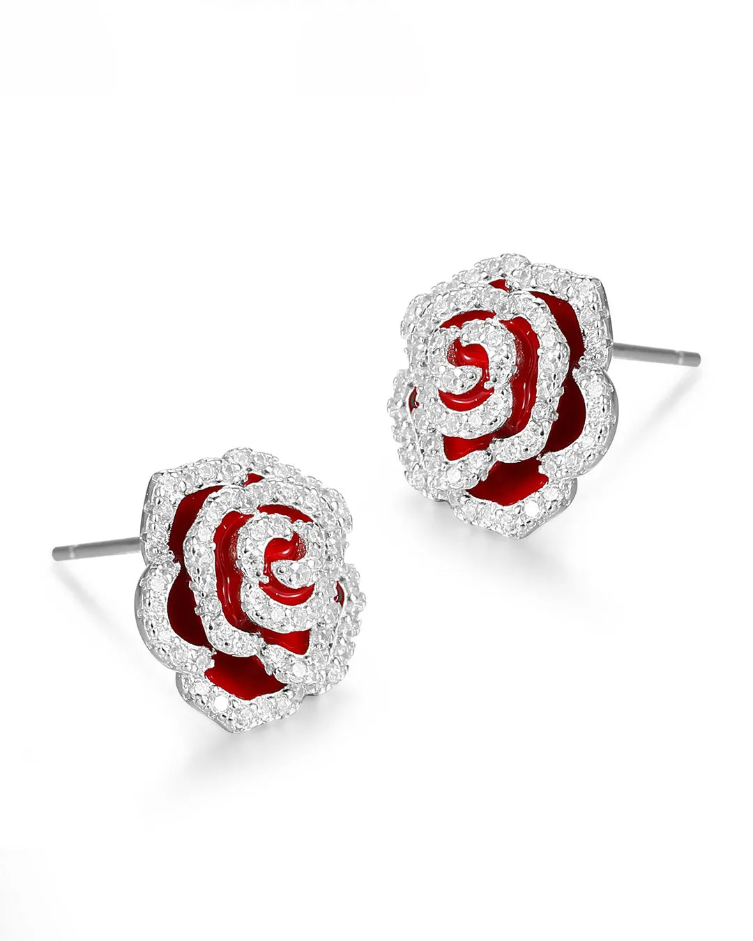 Red Rose Silver Earrings