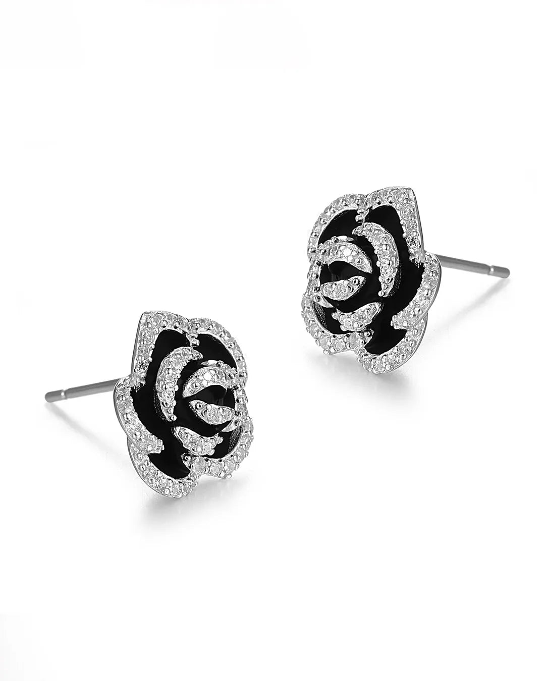 Handcrafted Black Stud Earrings Featuring a Detailed Rose Design