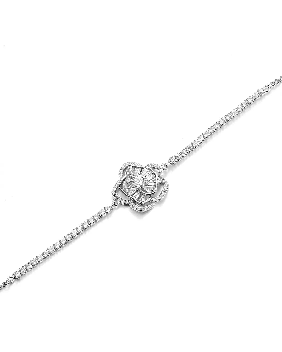 Silver bracelet with a decorative clasp on a white background