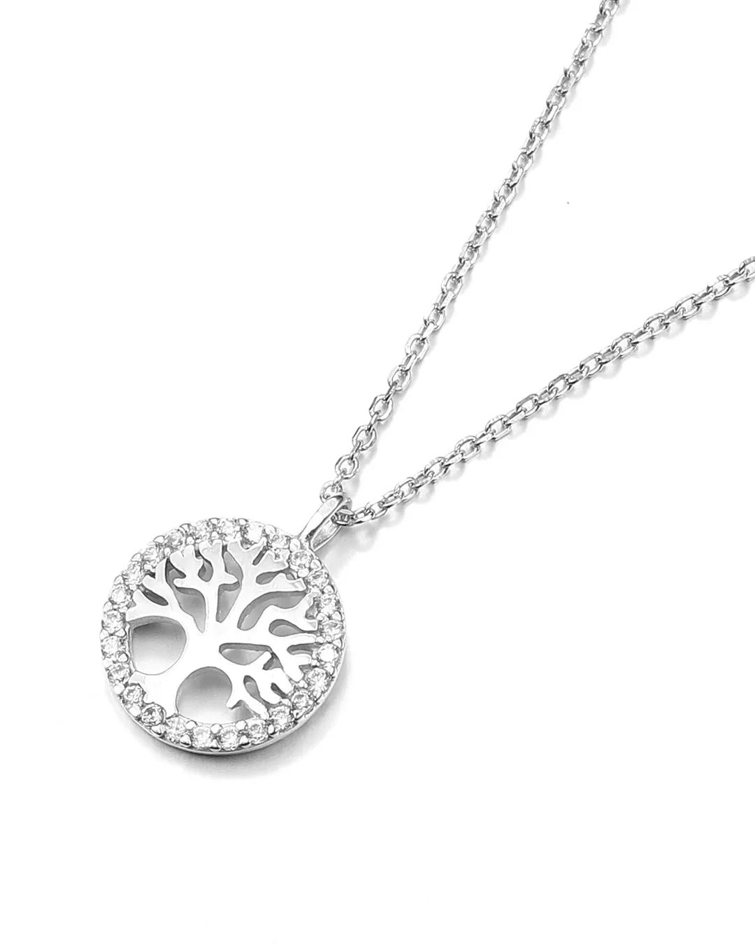 Silver necklace with a tree-of-life pendant on a white background