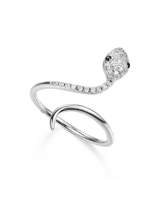 Silver snake-shaped ring with diamond accents on a white background