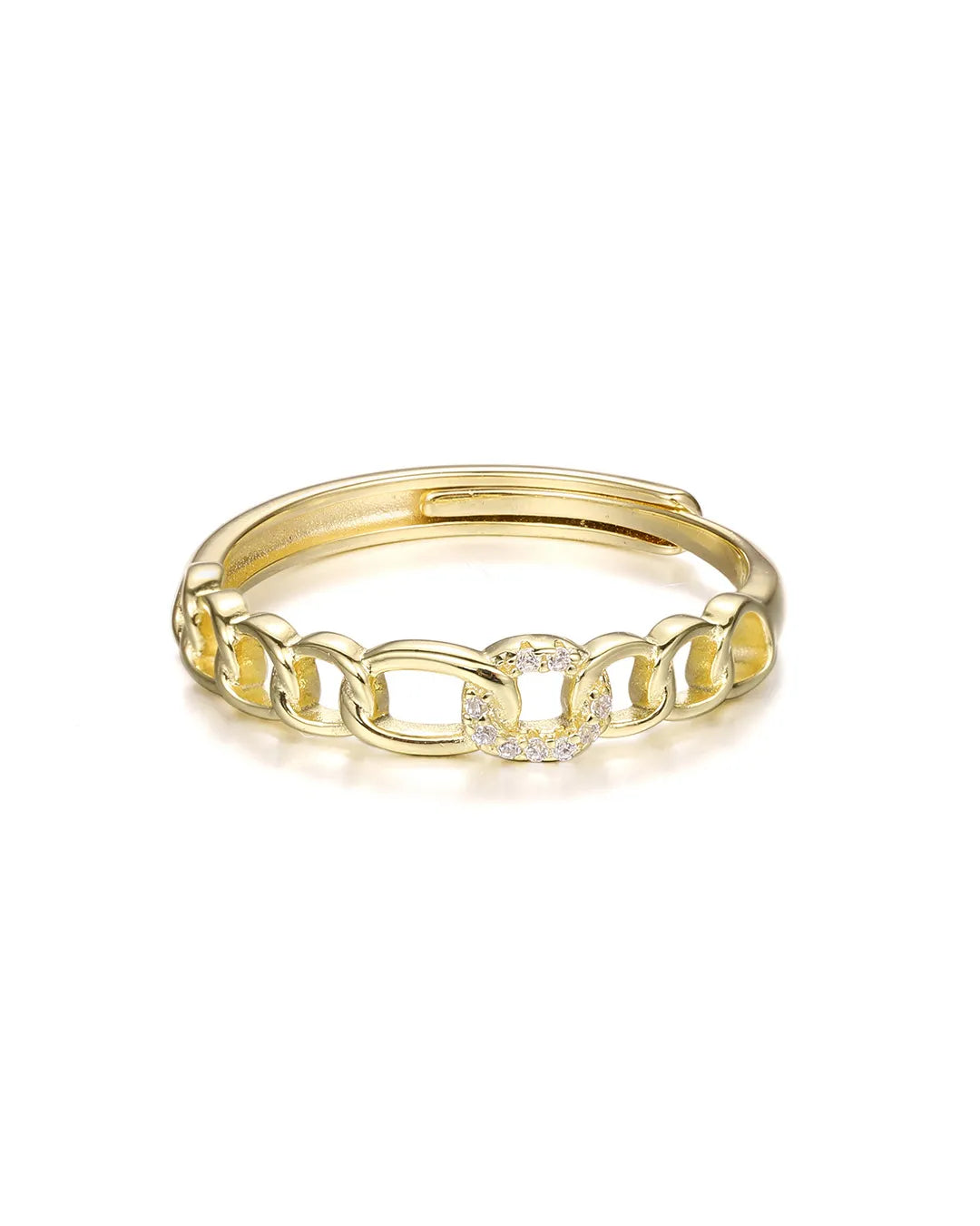 Gold chain-link ring with a diamond on a white background