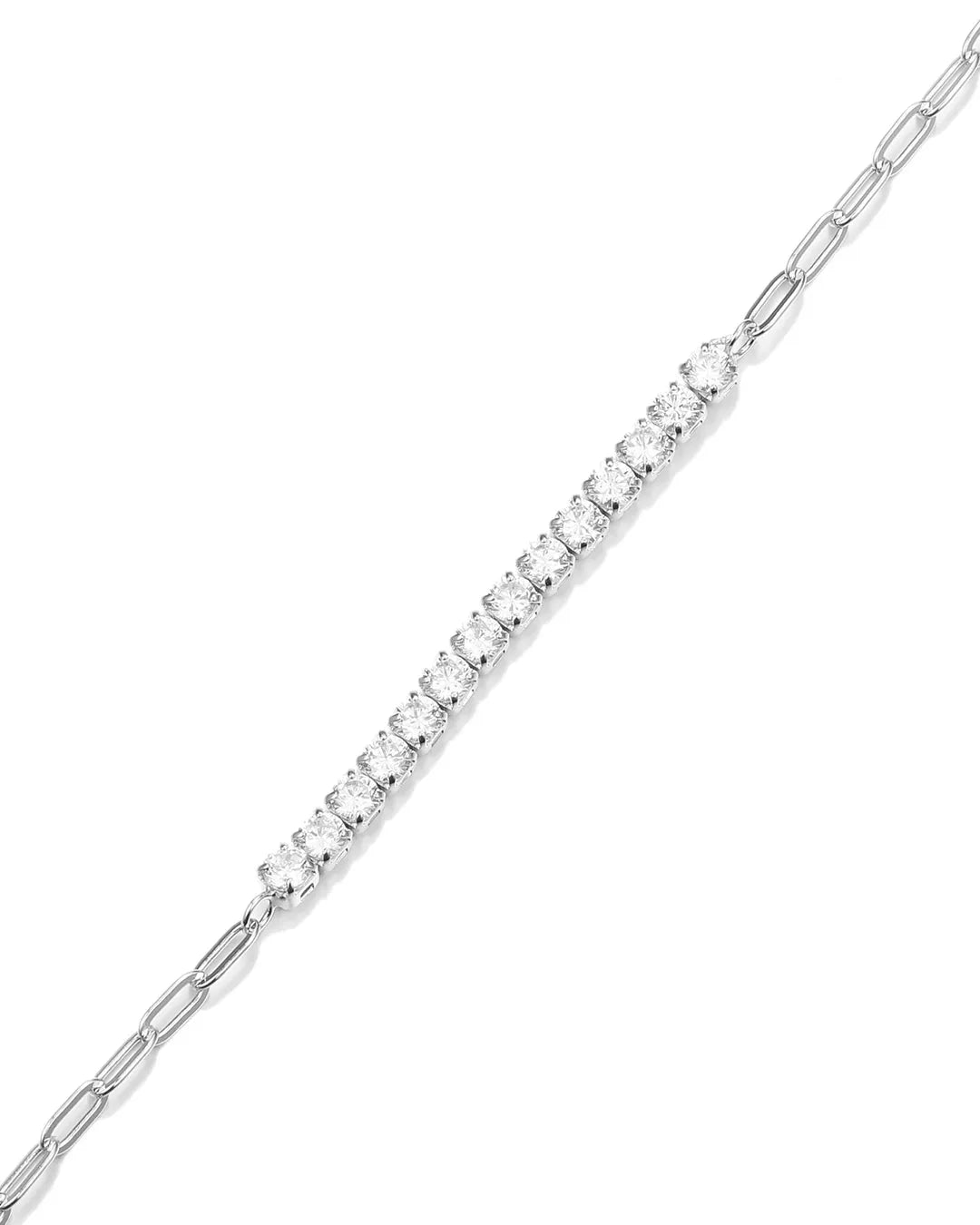 Silver bracelet with clear gemstones on a white background