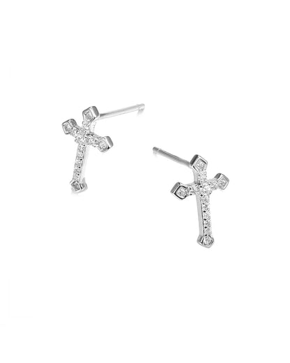 Pair of silver hoop earrings with black and white pattern on a white background